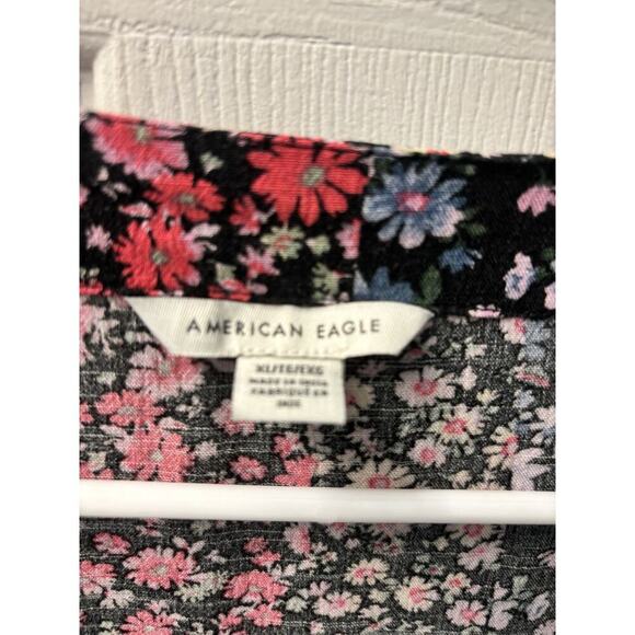 American Eagle Women's Floral Wrap Top Cropped Black Pink Blue X-Large - Picture 3 of 5